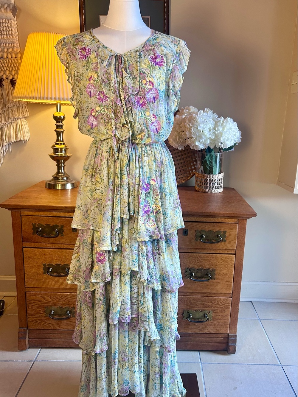 Sundance Floral Tiered Maxi Dress in Sage Green and Lavender